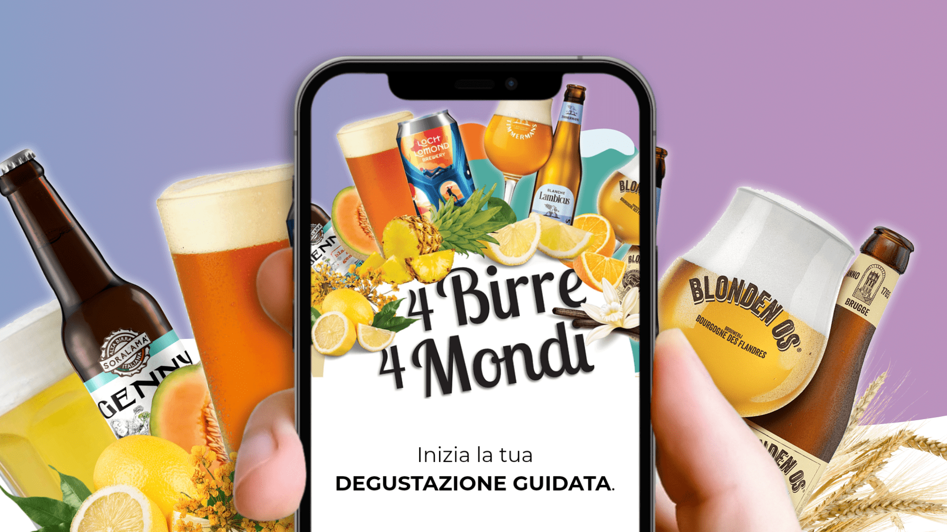 Schermata di inizio della degustazione guidata in primo piano. Grafica con birre e background sullo sfondo