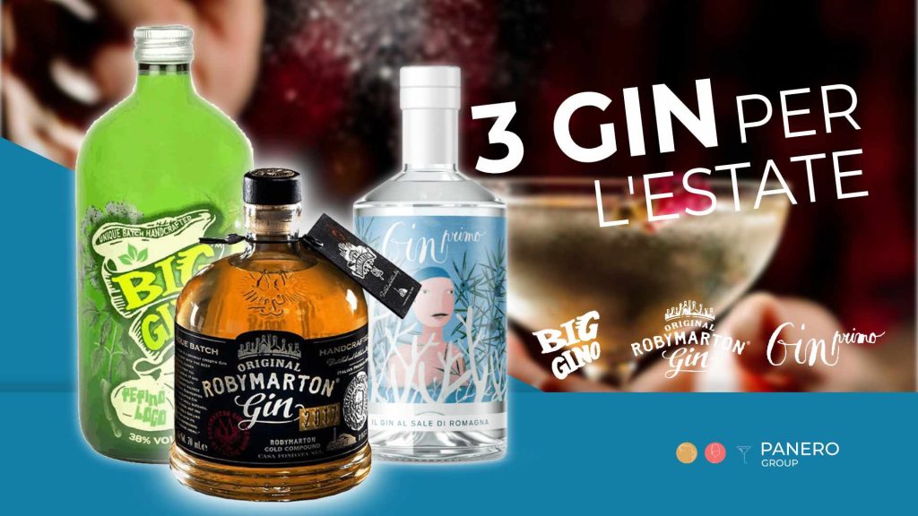3 bottiglie di gin inserite in una grafica che ricorda un cocktail bar